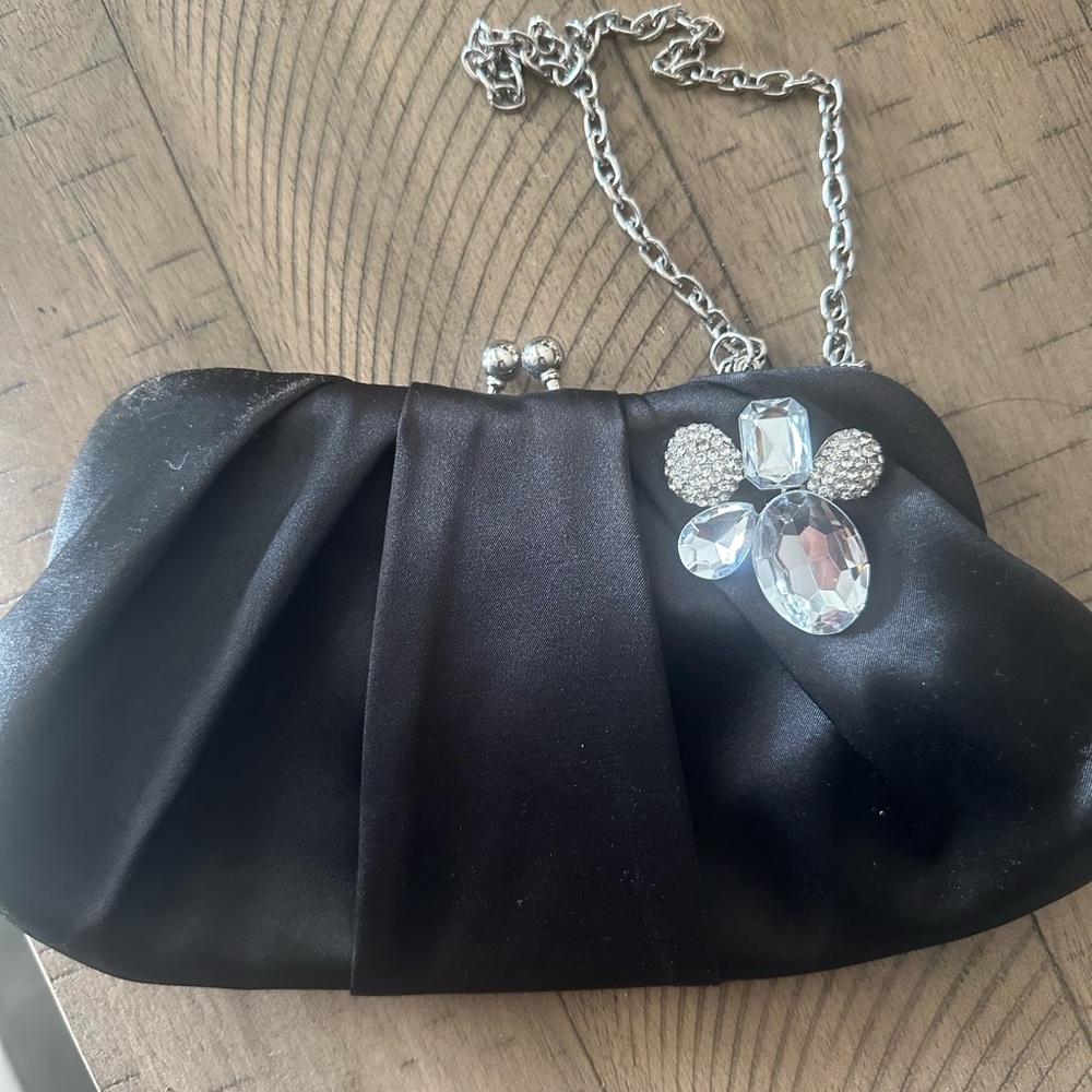 Chic Black Clutch with Silver Chain and Crystal Accents